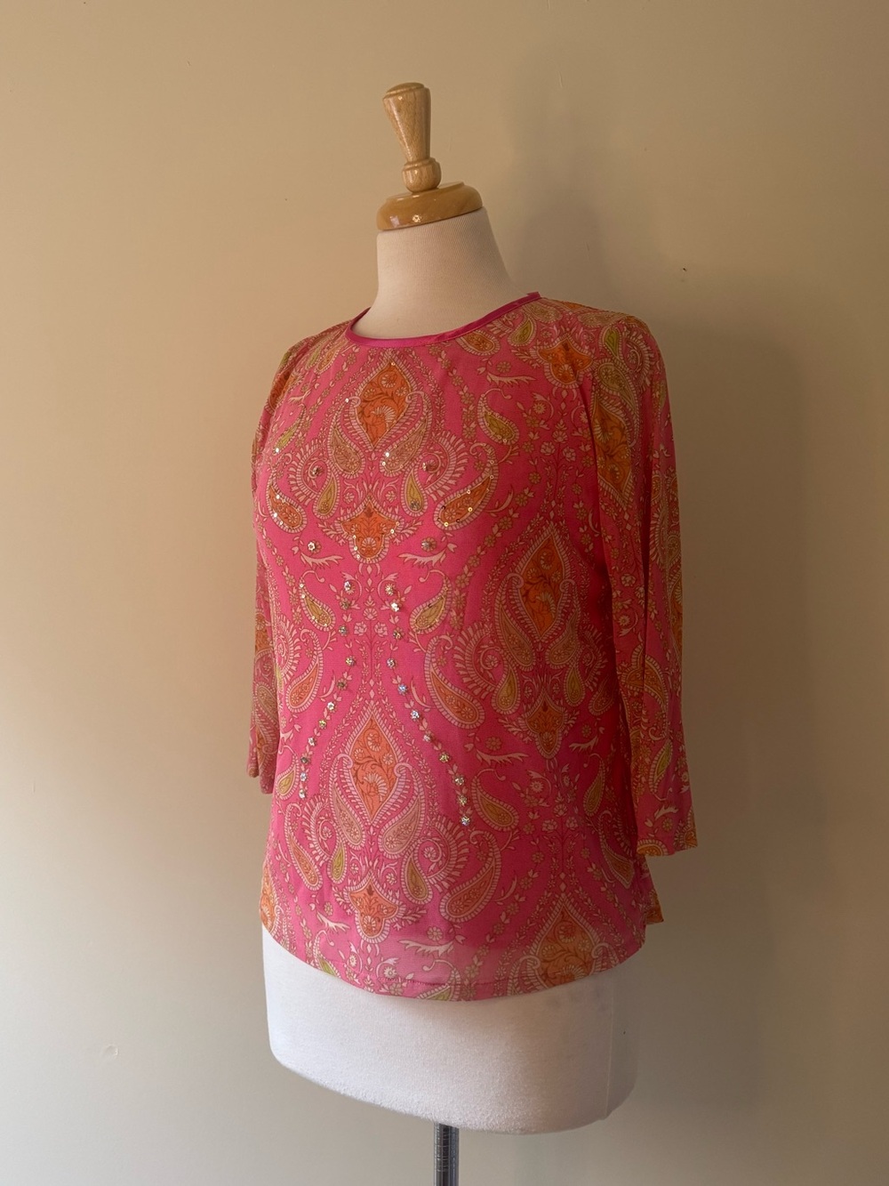 Vintage Kae Mei Pink Paisley Beaded Knit Top Y2K Glam